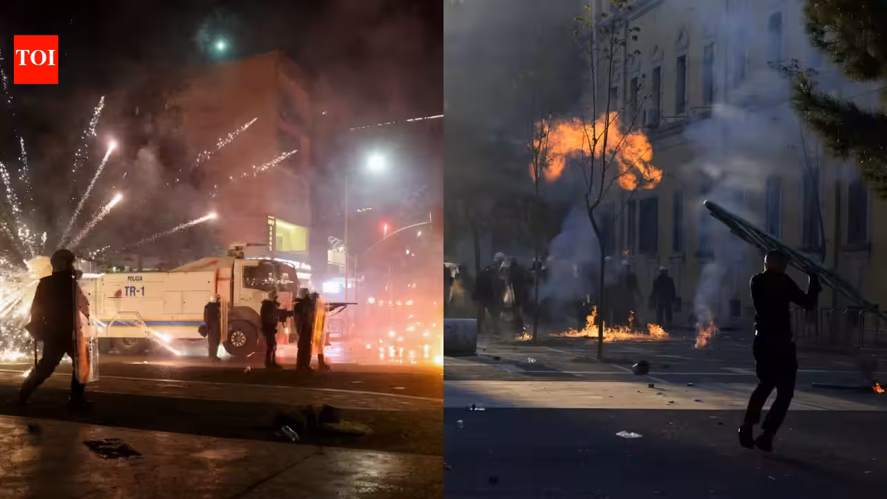 Buildings ablaze, petrol bombs hurled at parliament: 10 visuals show chaos of Albania protests Buildings ablaze, petrol bombs hurled at parliament: 10 visuals show chaos of Albania protests