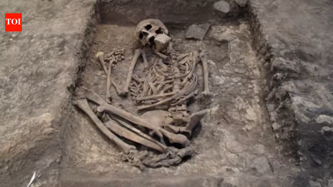 He was buried beneath a hearth, with a large stone pressed against his mouth and face, just one cm below the floor people walked on; researchers now suggest the 3,700-year-old burial was part of a magical ritual, not a punishment